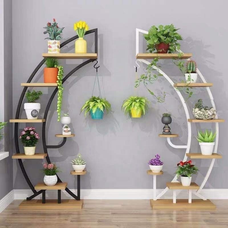 Curved Flower Pot displayracks Holder Shelf for Indoor Outdoor 6 Tier 9 Potted Steel-Wood flower Plant Stand with Hanger