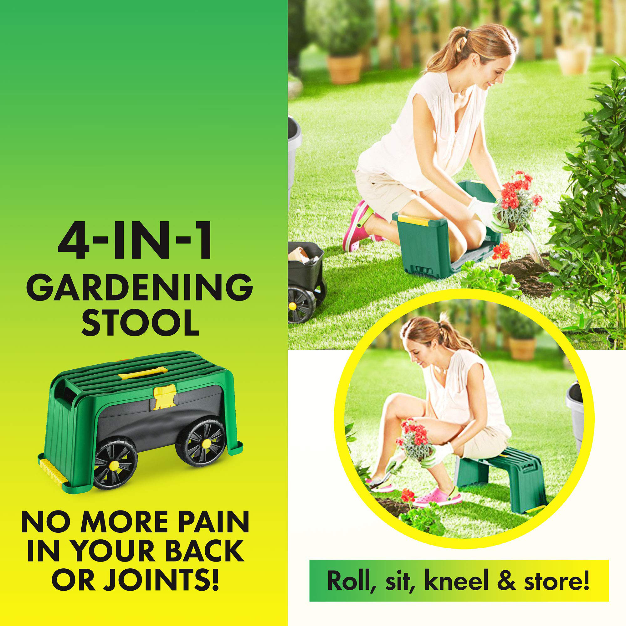 4-in-1 Garden Stool Multi-Use Garden Scooter with Seat Rolling Cart with Storage Padded Kneeler and Tool storage