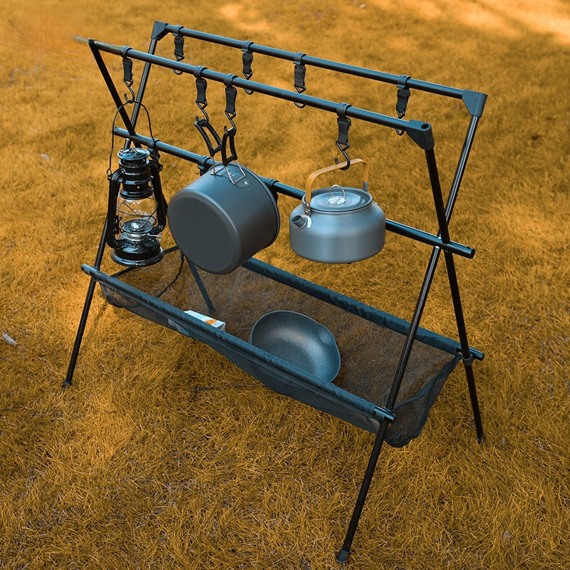 Wholesale Folding Camping Rack Outdoor Cookware Tripod Hanger Pot Pan Lamp Clothes Stand Camping Storage Rack With Hook