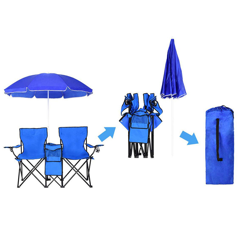 Factory Customized Double Chair with Umbrella with Ice Folding Beach Chair with Sunshade Outdoor Folding Double Camping Chair