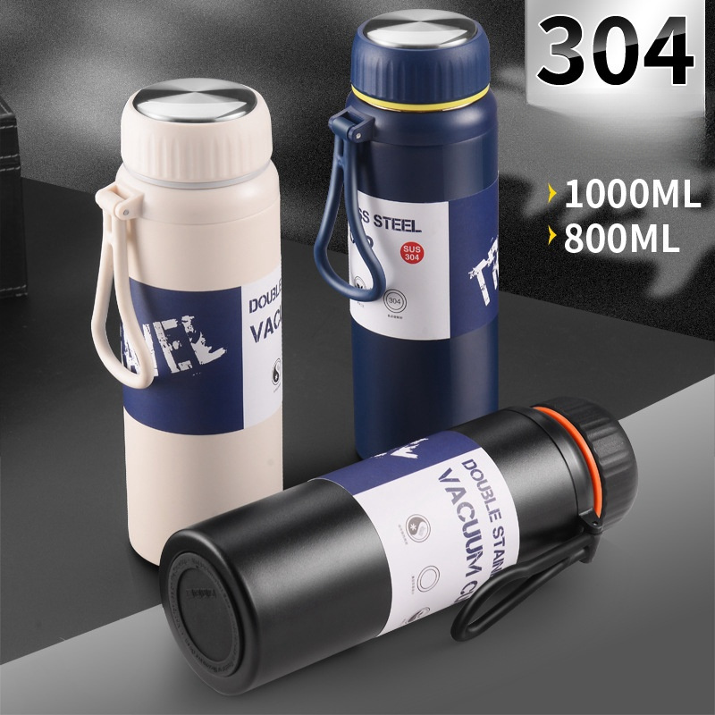 800/1000ml Large Capacity Insulated Cup Stainless Steel Black Outdoor Water Bottle Portable Senior Sense Car Water Kettle