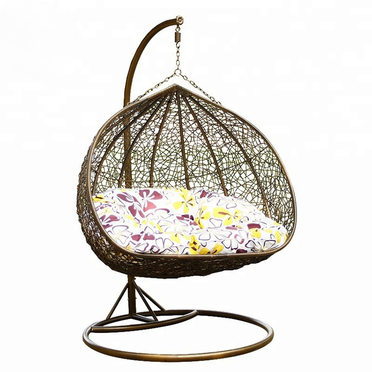 High Quality Outdoor Lazy Double Swing Chair Patio Furniture Hanging PE Rattan Swing Egg Chair With Stand