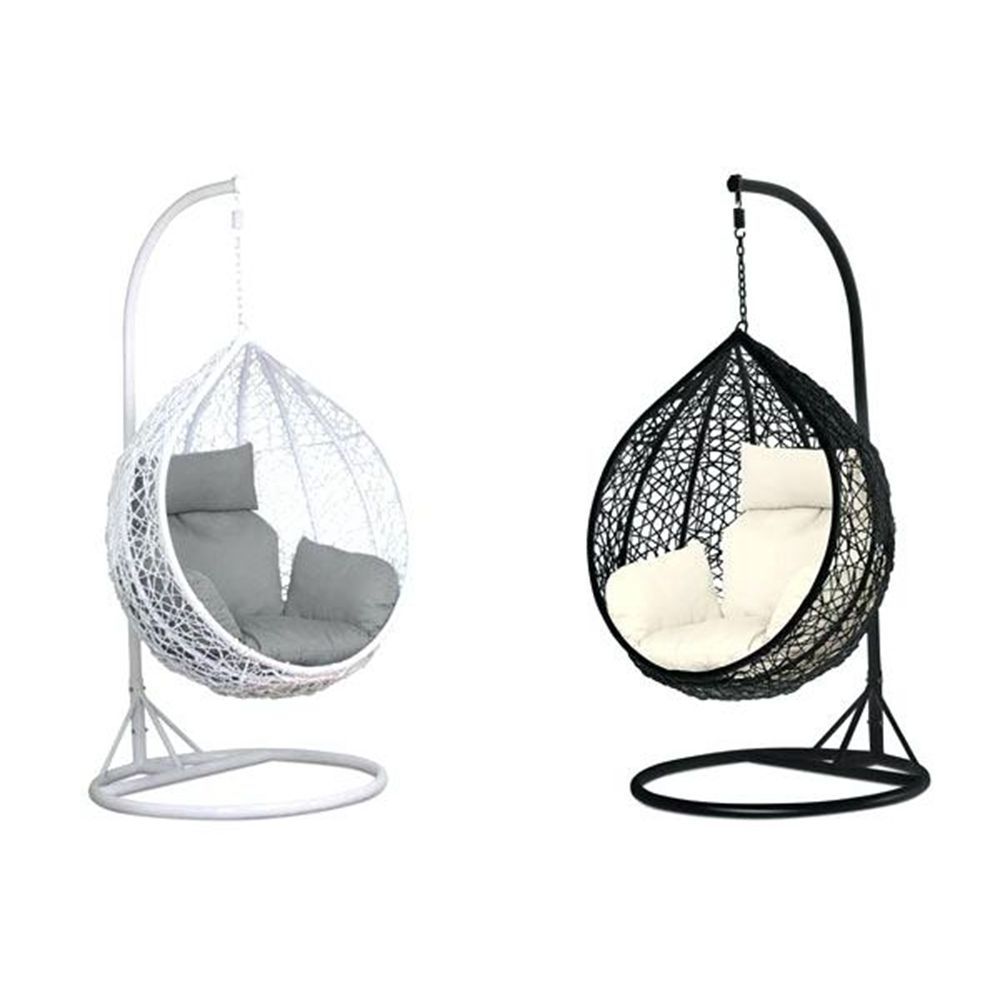 Outdoor Swing Garden Chair Single Seat Grey Color Round Hammock Rattan Patio Hanging Egg Chair With Steel Stand and Cushion