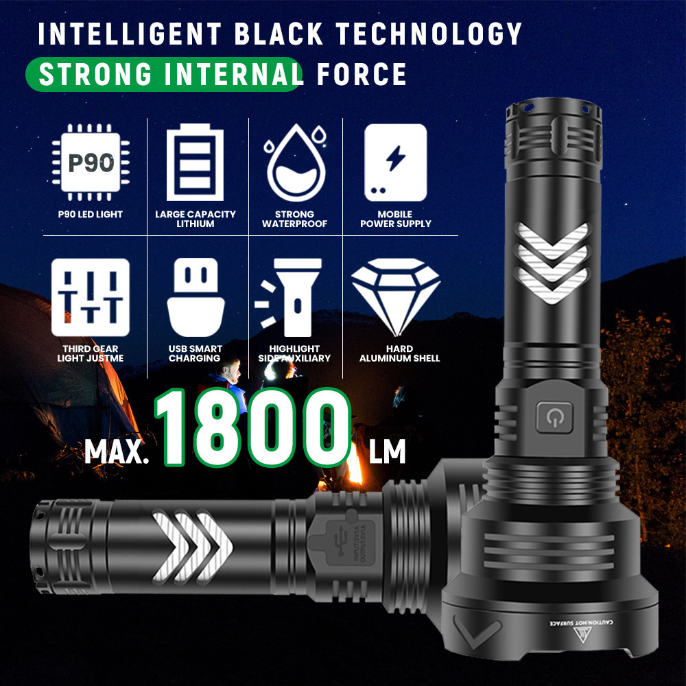 New outdoor camping high lumens flashlight XHP90 aluminum long-distance500 meters flashlight rechargeable tactical flashlight