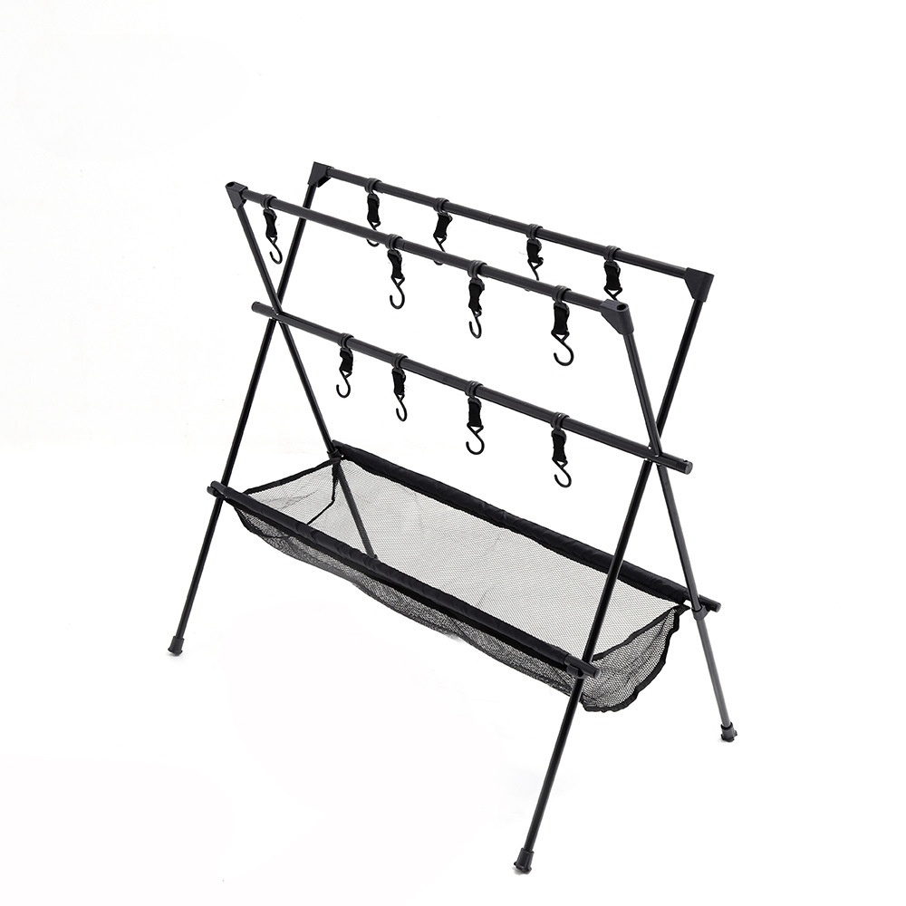 Wholesale Folding Camping Rack Outdoor Cookware Tripod Hanger Pot Pan Lamp Clothes Stand Camping Storage Rack With Hook