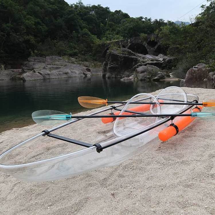 Factory Price 2 Person Transparent Kayak Polycarbonate Inflatable Catamaran Fishing Canoe Transparent Crystal Boat With Paddle