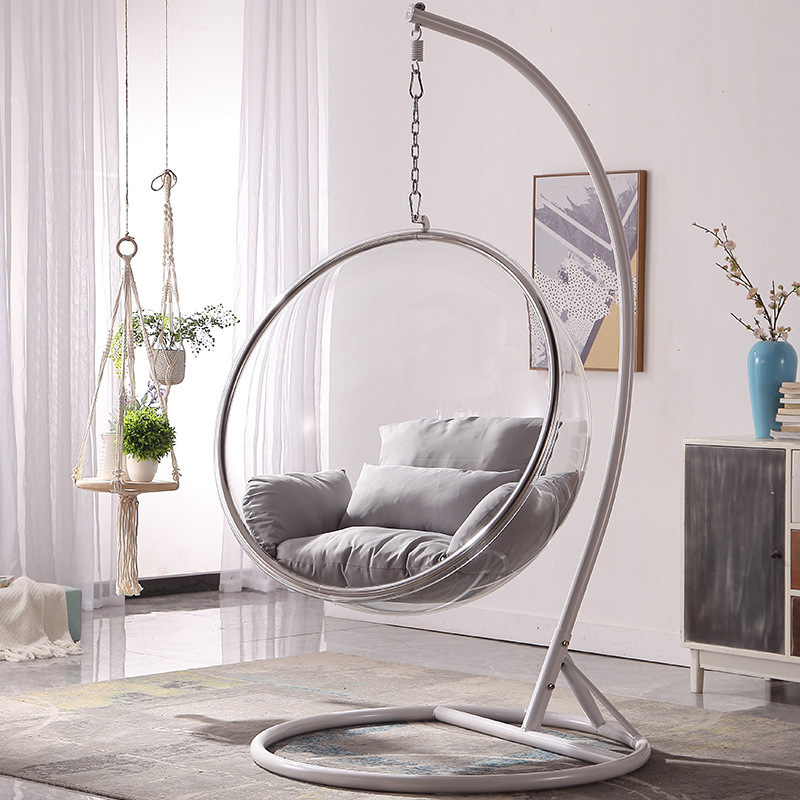 Swing Hanging Chair Garden Furniture Outdoor Indoor Single Seat Patio Hanging Acrylic Leisure Bubble Chair With Egg Chair Stand