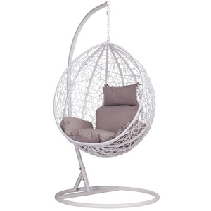 Outdoor Swing Garden Chair Single Seat Grey Color Round Hammock Rattan Patio Hanging Egg Chair With Steel Stand and Cushion