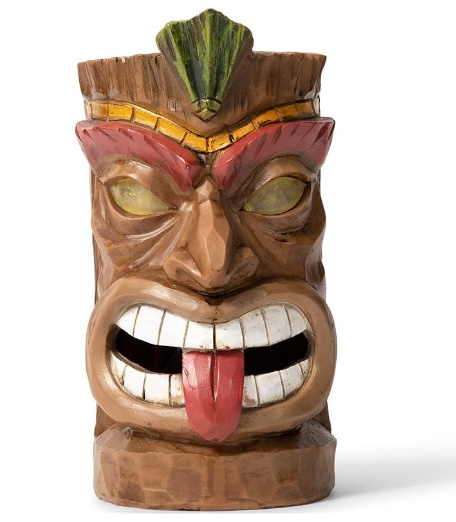 The resin-powered Tiki head statue is decorated with flashing LED lights in the garden bar