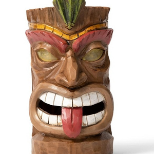 The resin-powered Tiki head statue is decorated with flashing LED lights in the garden bar