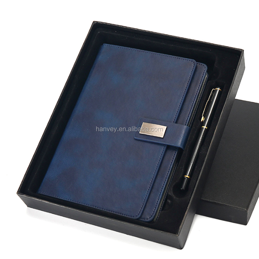 Factory price wholesale cheap promotion gift custom PU leather cover A5 notebook with metal ball pen business gift set