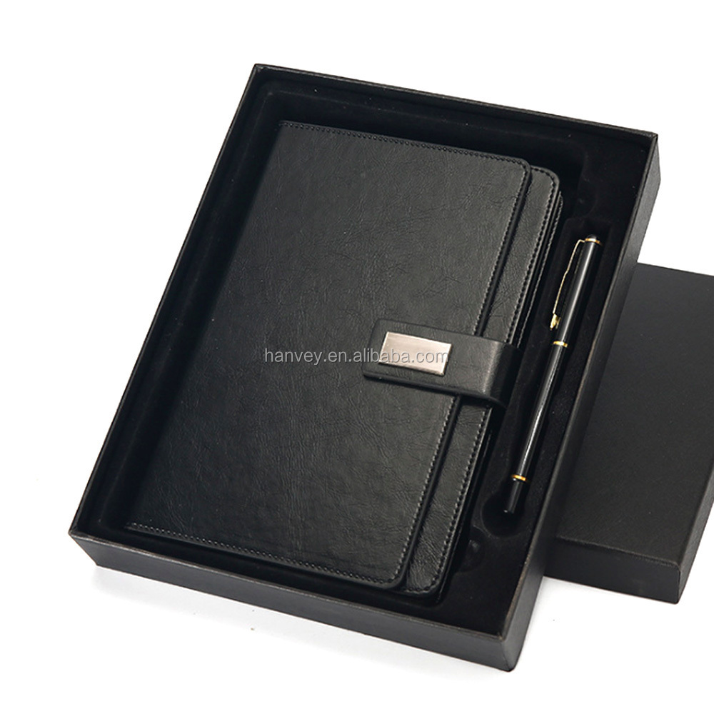 Factory price wholesale cheap promotion gift custom PU leather cover A5 notebook with metal ball pen business gift set