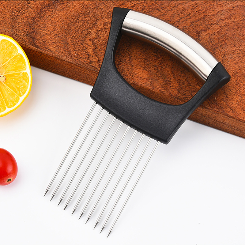 Stainless steel onion slicer holder cutter fork vegetable fruit kitchen gadget tomato cutter