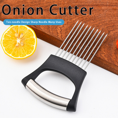 Stainless steel onion slicer holder cutter fork vegetable fruit kitchen gadget tomato cutter