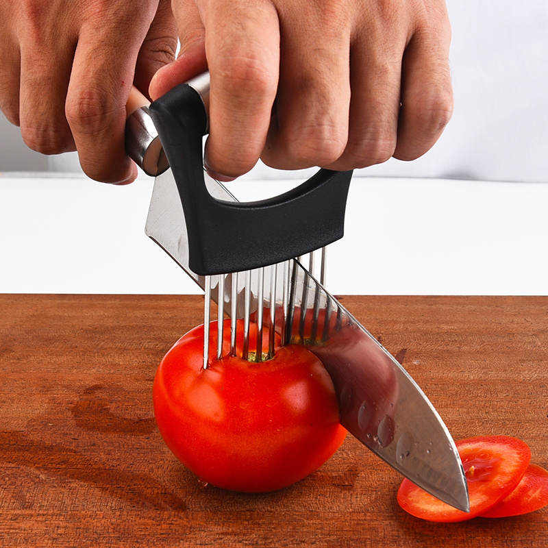 Stainless steel onion slicer holder cutter fork vegetable fruit kitchen gadget tomato cutter