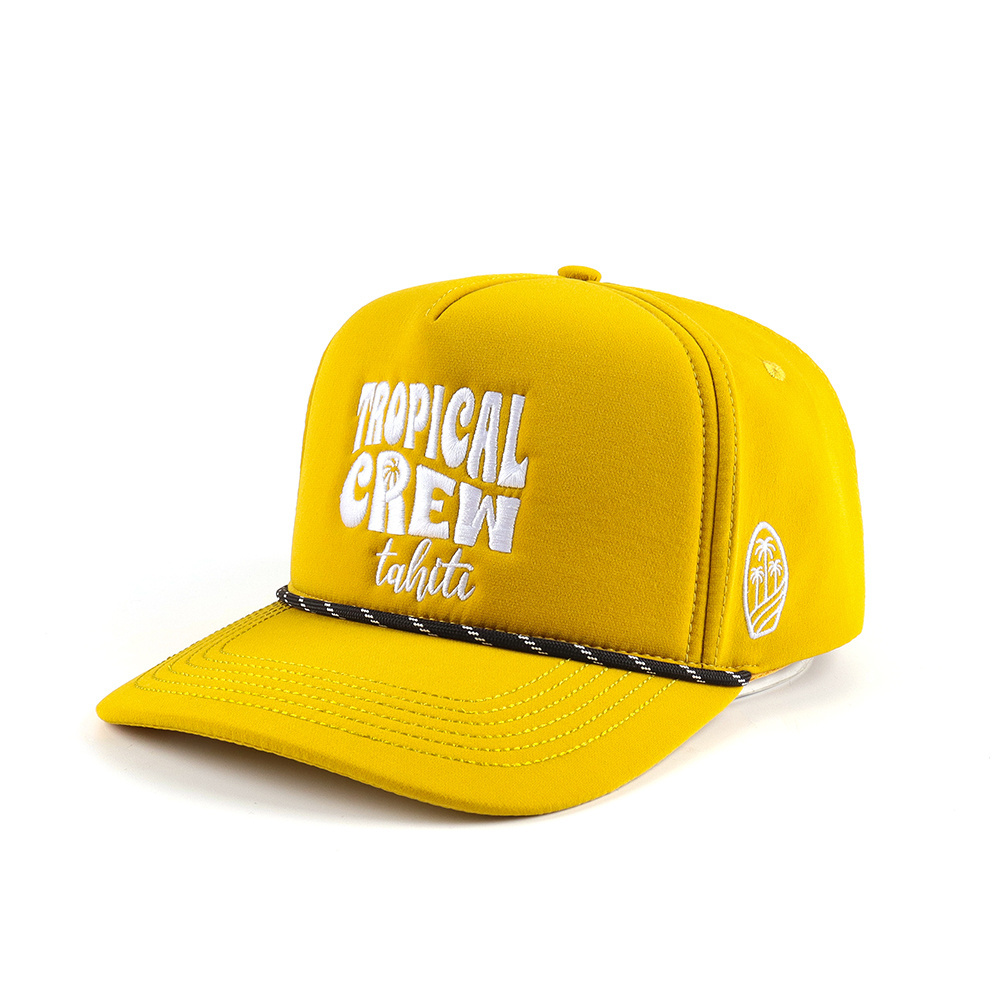 OEM High Quality Yellow Foam Baseball Cap Hats Custom Embroidery Logo Rope 5 Panel Baseball Cap For Men And Women