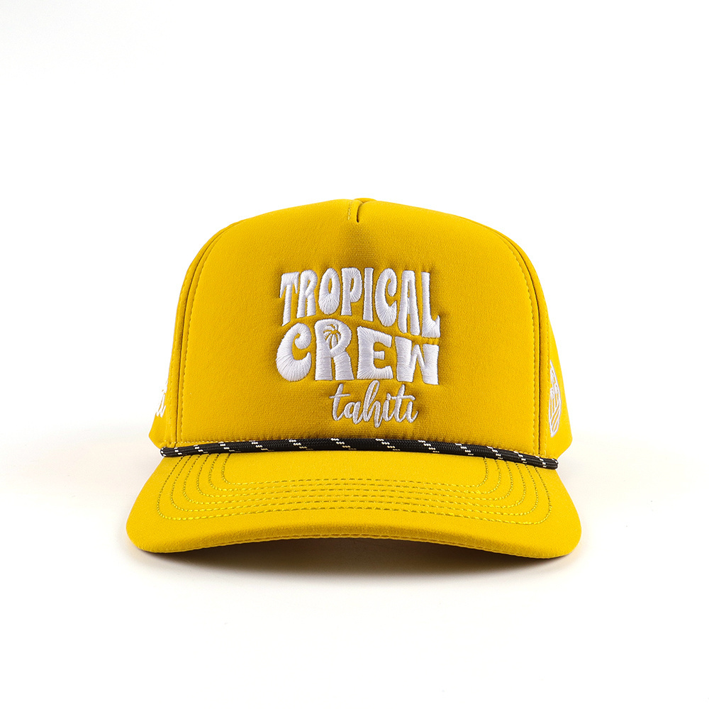 OEM High Quality Yellow Foam Baseball Cap Hats Custom Embroidery Logo Rope 5 Panel Baseball Cap For Men And Women