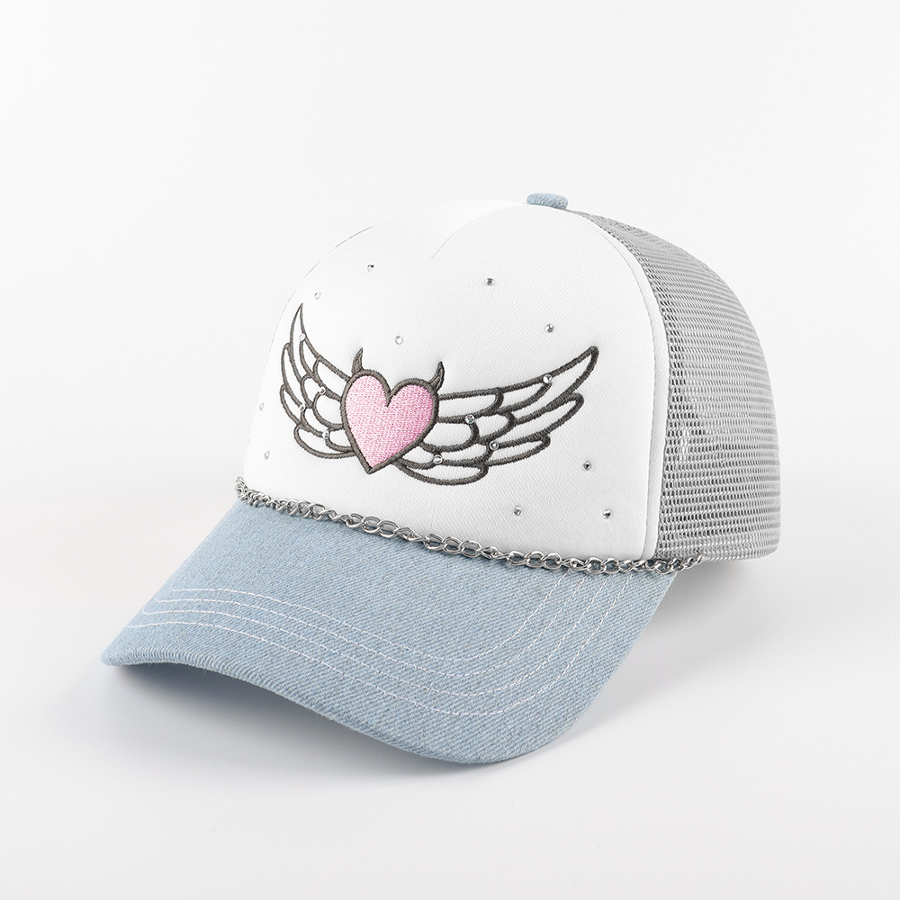 Custom 5 Panel embroidery logo Colorblock Denim Mesh trucker hat,Diamond foam trucker caps,chain mesh caps for women