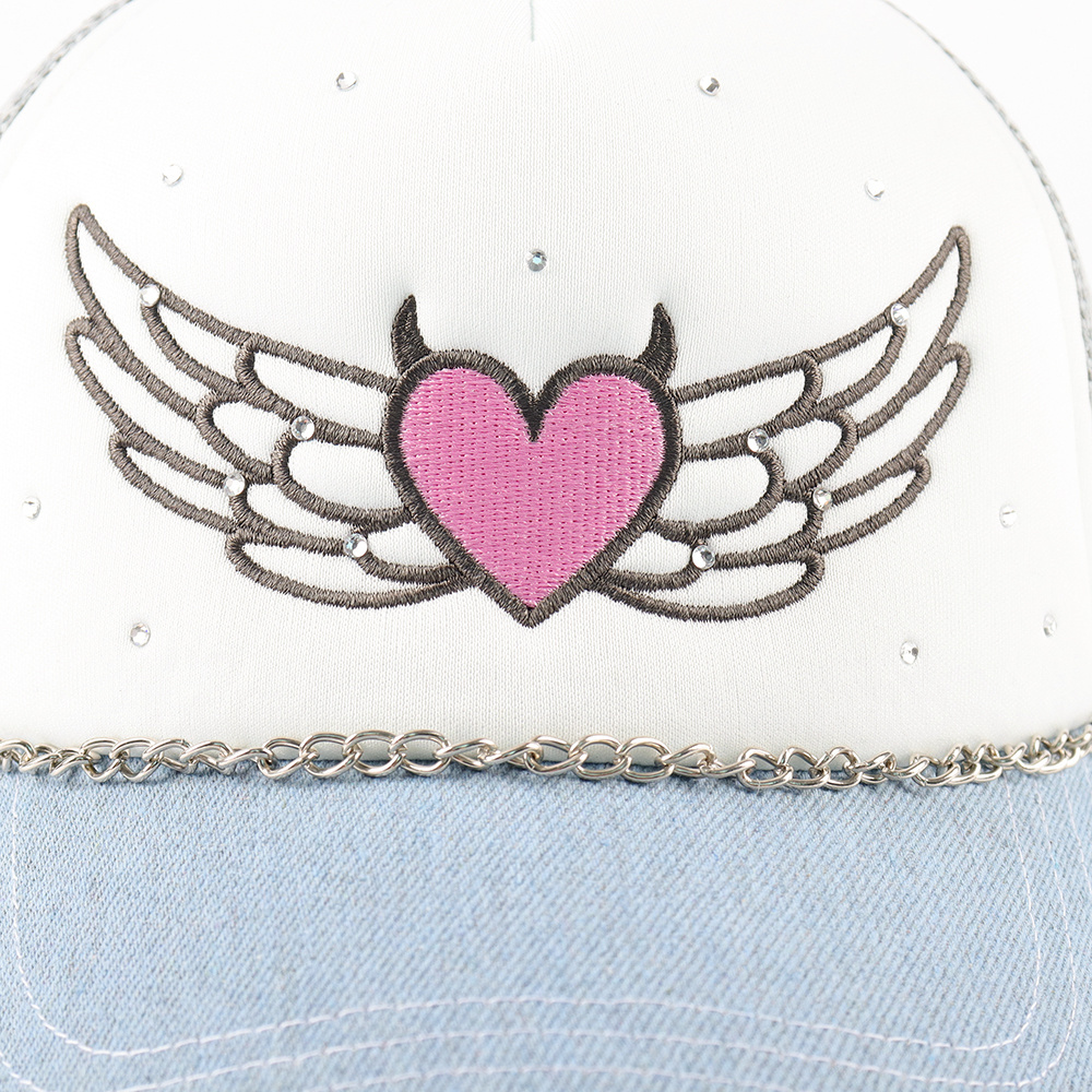 Custom 5 Panel embroidery logo Colorblock Denim Mesh trucker hat,Diamond foam trucker caps,chain mesh caps for women