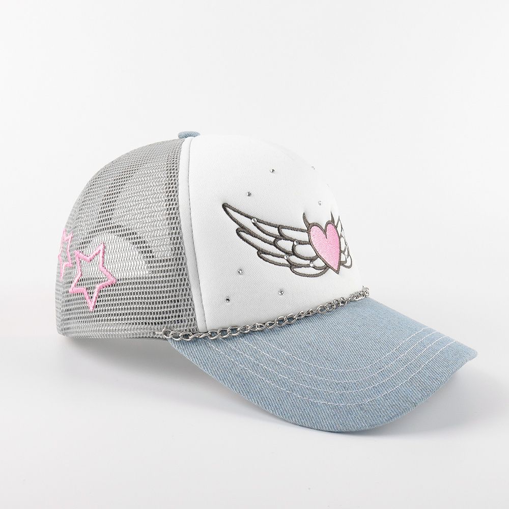 Custom 5 Panel embroidery logo Colorblock Denim Mesh trucker hat,Diamond foam trucker caps,chain mesh caps for women