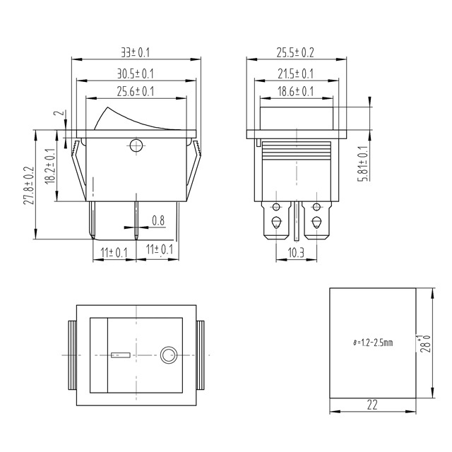 hot sale  KCD4 red green On/Off Push Button 250V AC 16A 33*25mm 4 Pin Rocker Switch