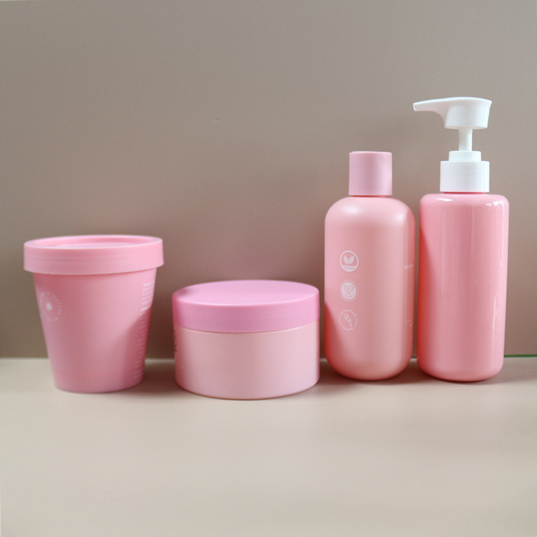 Plastic cosmetic packaging 8oz matt boston round bottle with pump body soap shampoo bottle with hair mask jar pot