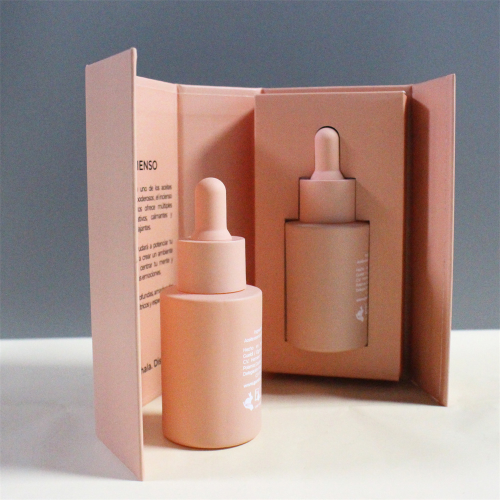 High Quality Frosted Cylinder Customized Essential Oil Lotion Cosmetic1oz  Pink Glass Dropper Bottle 30ml with box