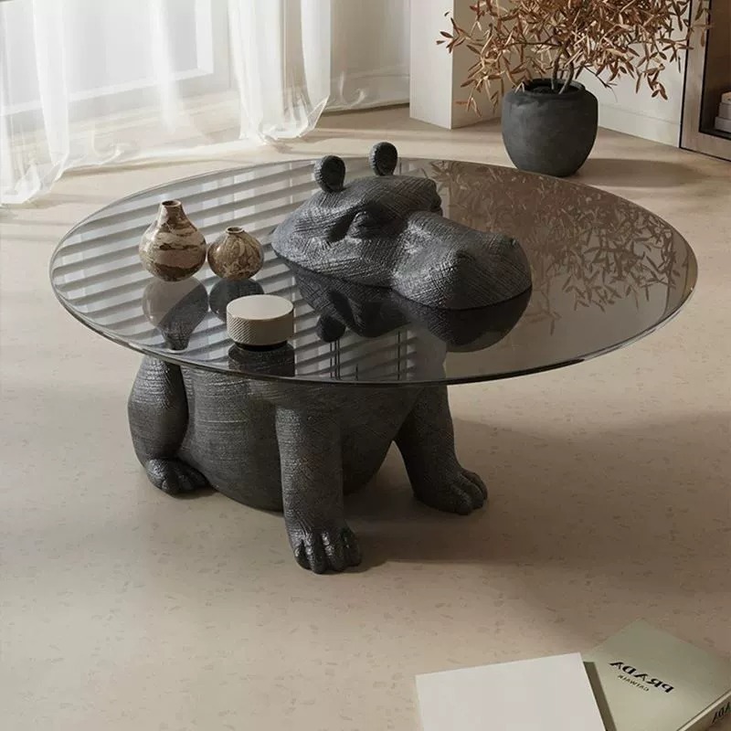 Factory Price Animal Design Round Tea Table Modern Living Room Tempered Glass Hippo Coffee Table