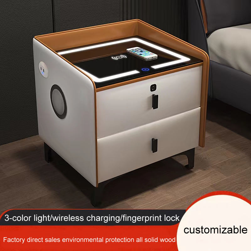 HANYEE Hot Sale Smart Bedside Table 2 Drawers Square Cabinet Chargeable White Night Stand With Speaker