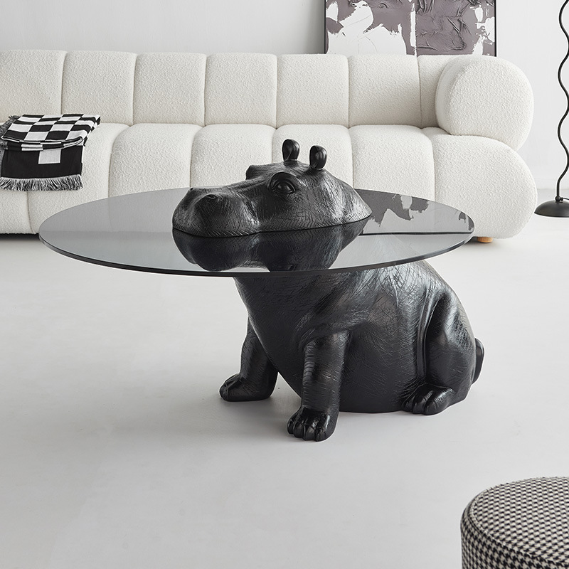 Factory Price Animal Design Round Tea Table Modern Living Room Tempered Glass Hippo Coffee Table