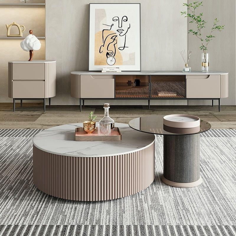 HANYEE Modern Simple Rock Tea Table Cabinet Combination Living Room Family Size Round Italian Style Luxury Sofa Coffee Table