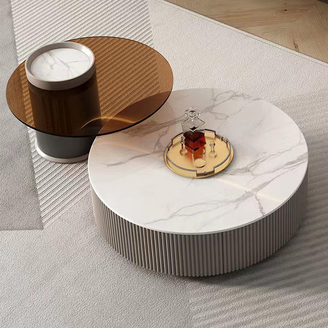 HANYEE Modern Simple Rock Tea Table Cabinet Combination Living Room Family Size Round Italian Style Luxury Sofa Coffee Table