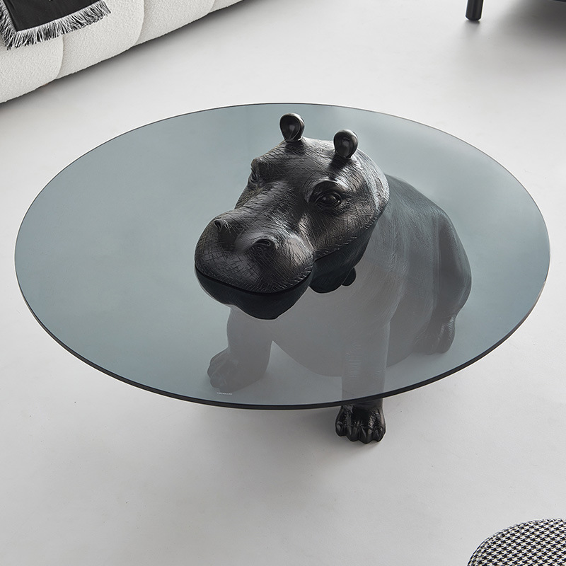 Factory Price Animal Design Round Tea Table Modern Living Room Tempered Glass Hippo Coffee Table