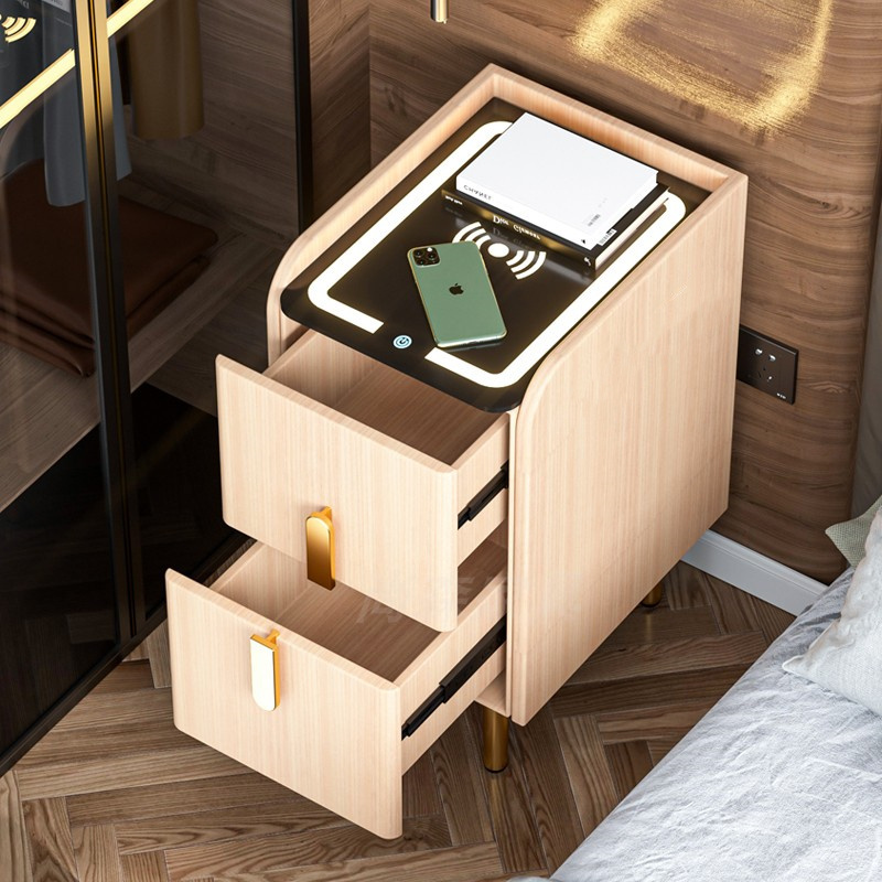 HANYEE Luxury Modern Glass Top Speaker Smart Led Nightstand Modern Tall With Locking Drawer