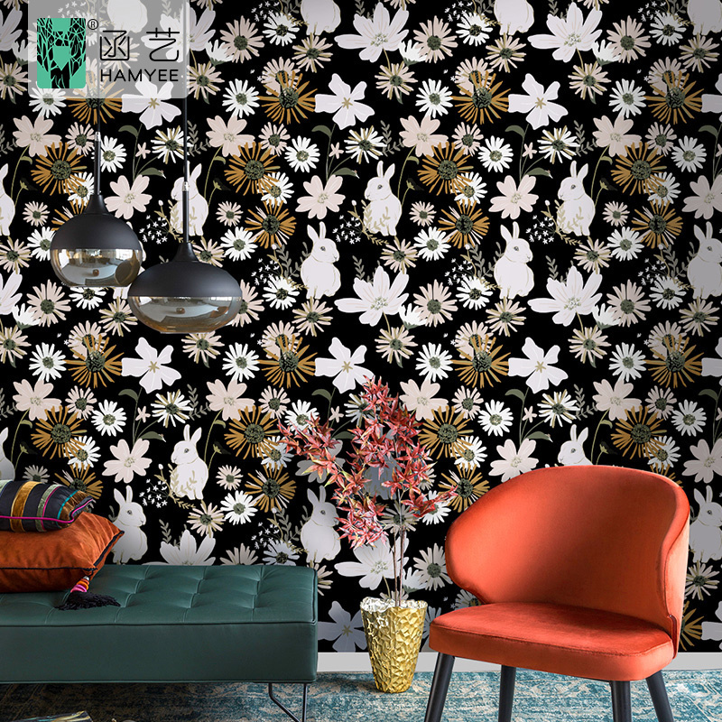 Peel and stick wallpaper black flower and rabbit pattern wallpaper sticker home decoration wallpaper for bedroom