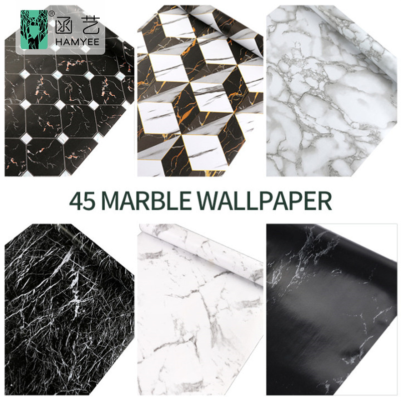 Hot selling 0.45*10m marble luxury look black vinyl wall paper wallpaper sticker paper for wall