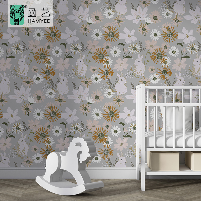 Peel and stick wallpaper black flower and rabbit pattern wallpaper sticker home decoration wallpaper for bedroom