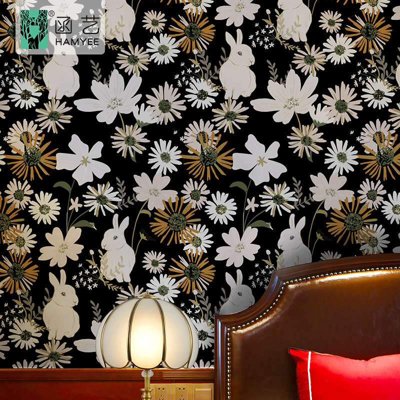 Peel and stick wallpaper black flower and rabbit pattern wallpaper sticker home decoration wallpaper for bedroom