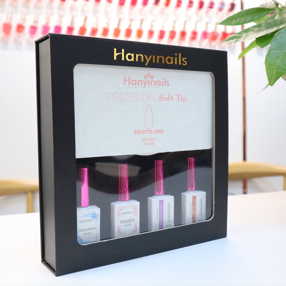 Hanyinails wholesale private label full cover glue on nails press soft gel nail tips set gelly packaging box press on nails