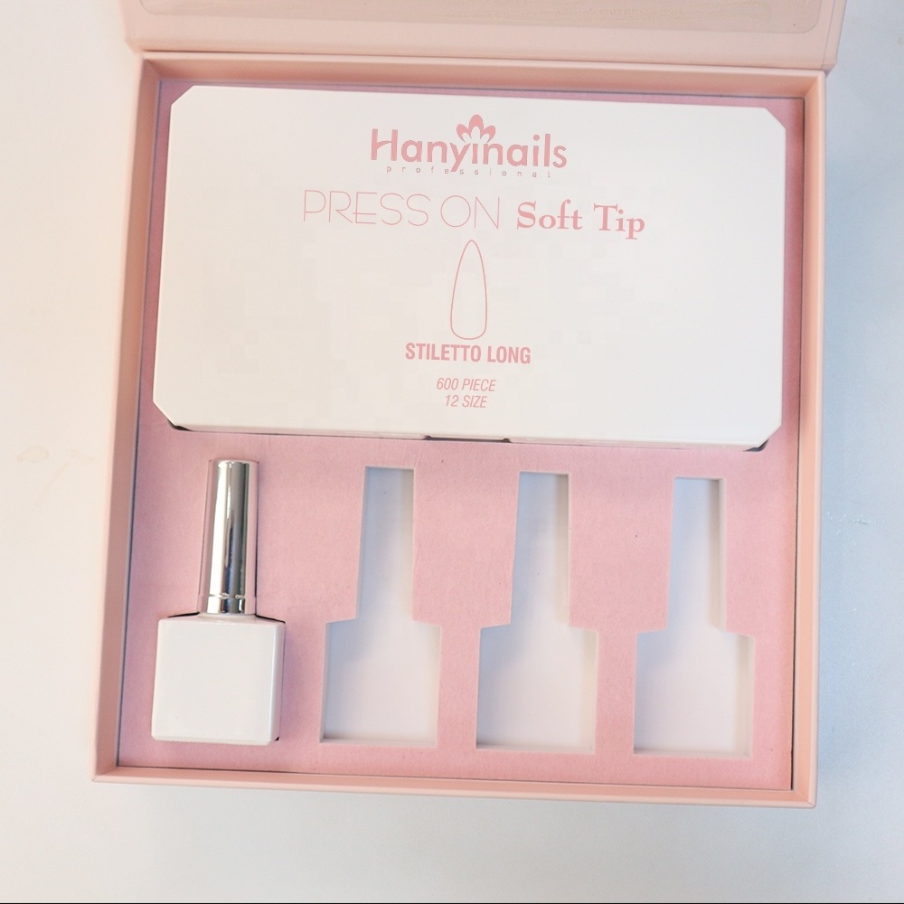 Hanyinails wholesale private label full cover glue on nails press soft gel nail tips set gelly packaging box press on nails