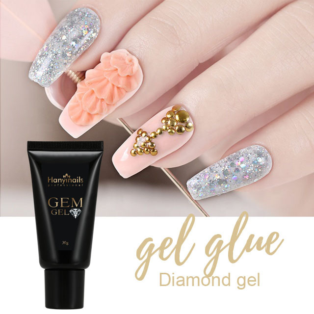 Gel Glue in 30ml Tube Stick Diamond Gem-on Gel Hanyinails OEM Private Label Rhinestone UV Gel MSDS Green Diamond Gloss Tube 60s