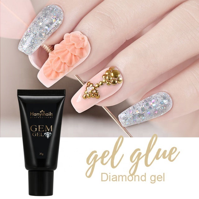 Hanyinails UV Gel Polish Bulk Soak Off Led Lamp Private Label Diamond Shiny No Wipe Rhinestone Glue gems Gel Nail Polish