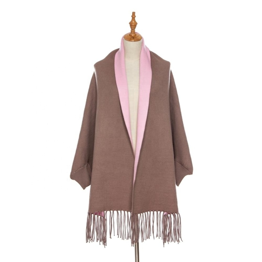 High Quality Ladies Khaki Cashmere Ponchos with Tassels Winter Shawl Scarf Shawls with Sleeves