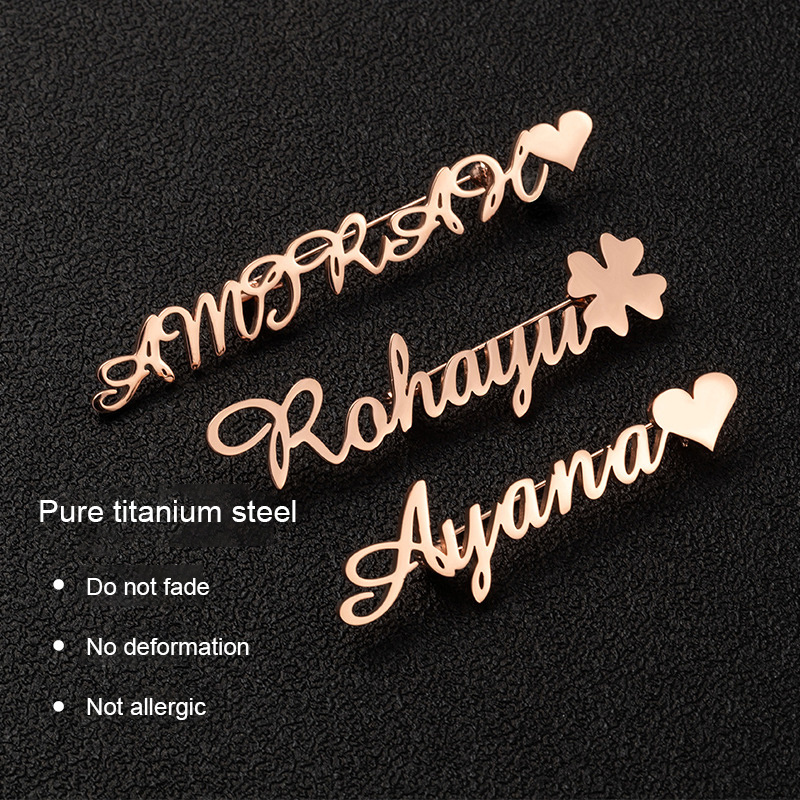 Custom Rose Gold Silver Stainless Steel Heart Brooch Metal Brooch Ladies Name safety Letter Brooch Pin