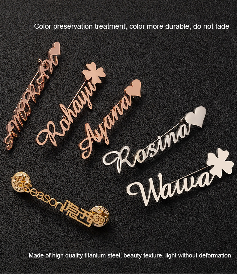 Custom Rose Gold Silver Stainless Steel Heart Brooch Metal Brooch Ladies Name safety Letter Brooch Pin