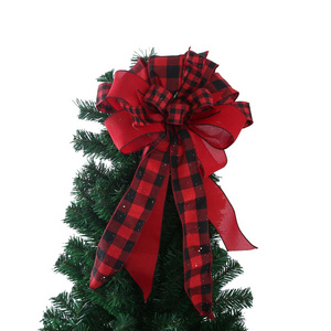 Christmas Decorative Tree Topper Hanging Ornament Decorations Red Black Plaid Large Butterfly Bow Tie for Xmas Home Party