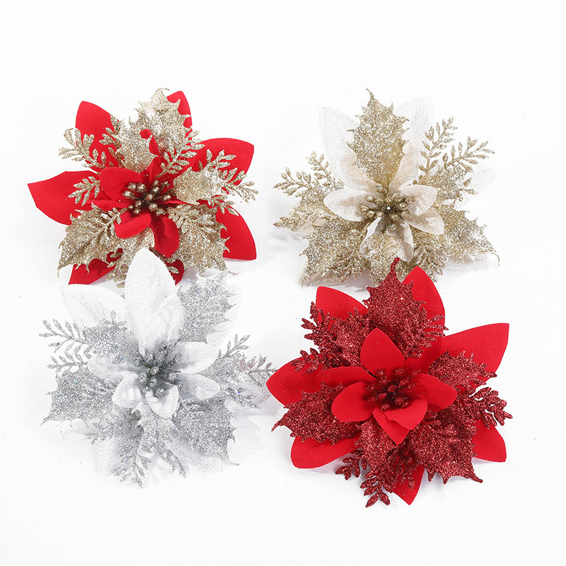 Glitter Artificial Poinsettia Flower Stems Tree ornaments Hanging Ornament Christmas decoration for Wreaths Floral Gift Wedding