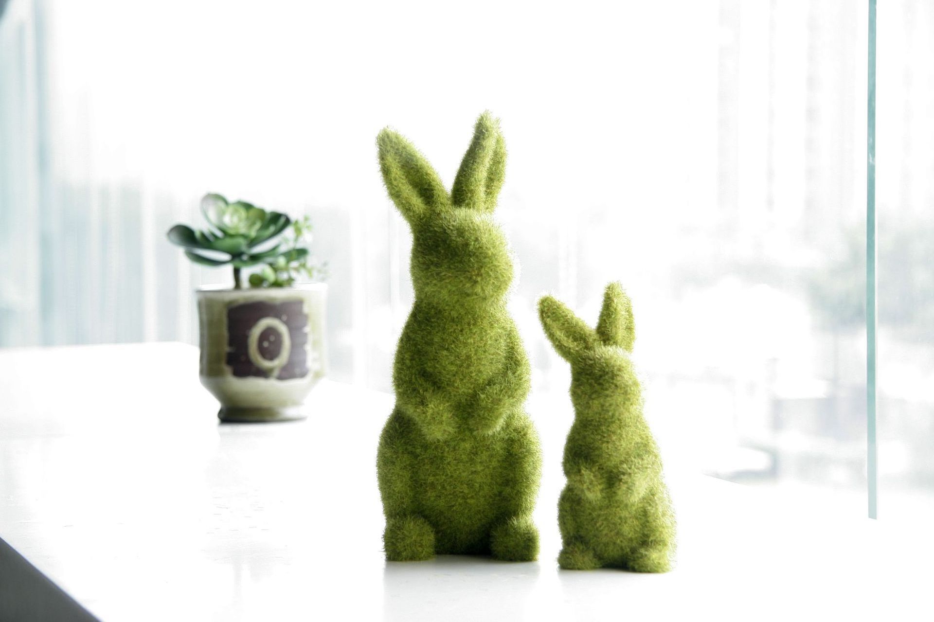 Wholesale Home Ornament Rabbit Decorations Easter Green Flocking Grass Ceramic Plush Moss Bunny