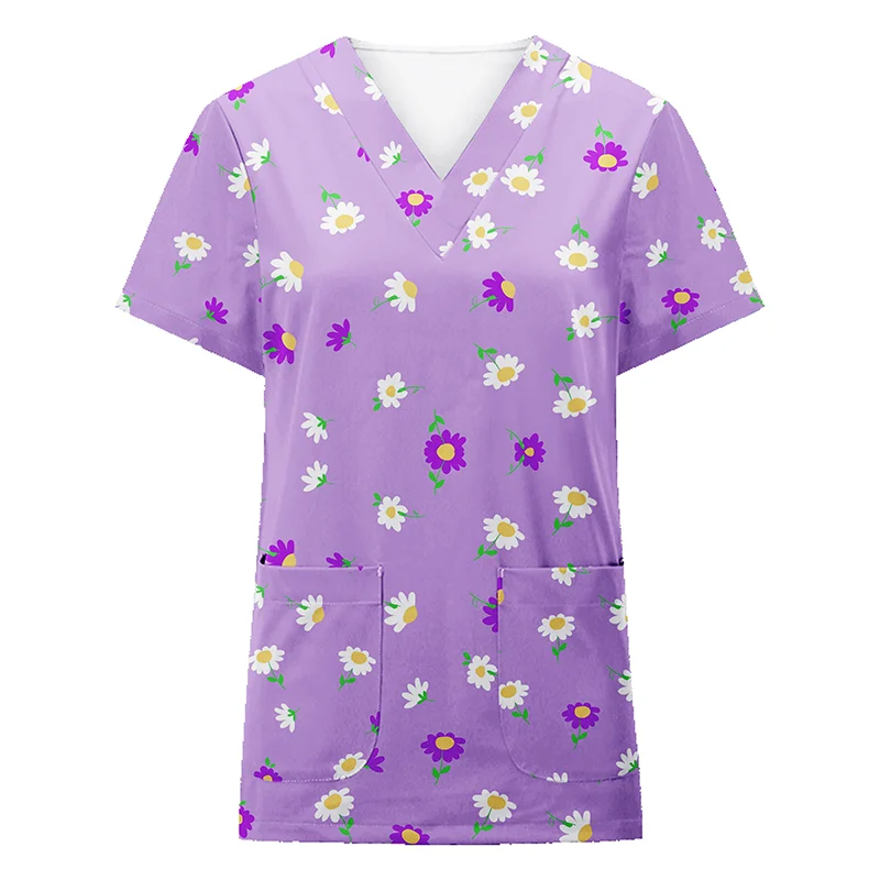 V Neck Digital Printing Printed Short Sleeve Top Womens Scrubs Hospital Medical Shirt Scrubs Top Womens Scrubs Uniform Top