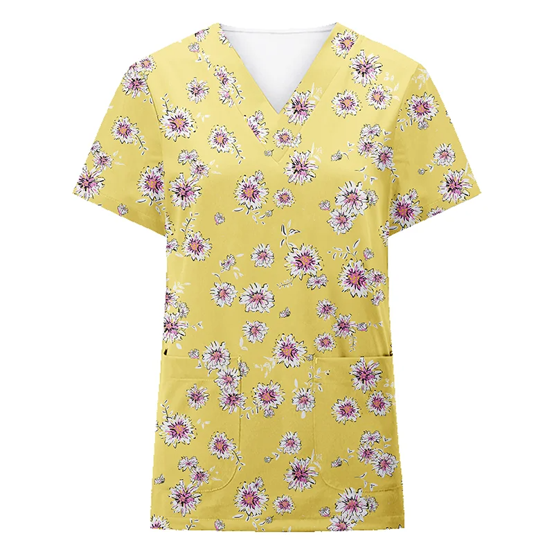 V Neck Digital Printing Printed Short Sleeve Top Womens Scrubs Hospital Medical Shirt Scrubs Top Womens Scrubs Uniform Top